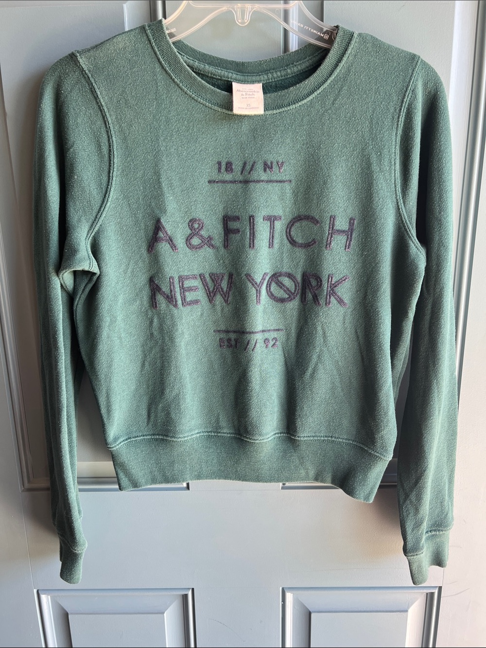 Abercrombie & Fitch Women's Crewneck Sweater in Dusty Green with Navy logo